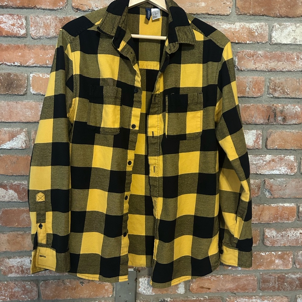 Divided Yellow and Black Casual Button Down Shirt Buffalo Plaid